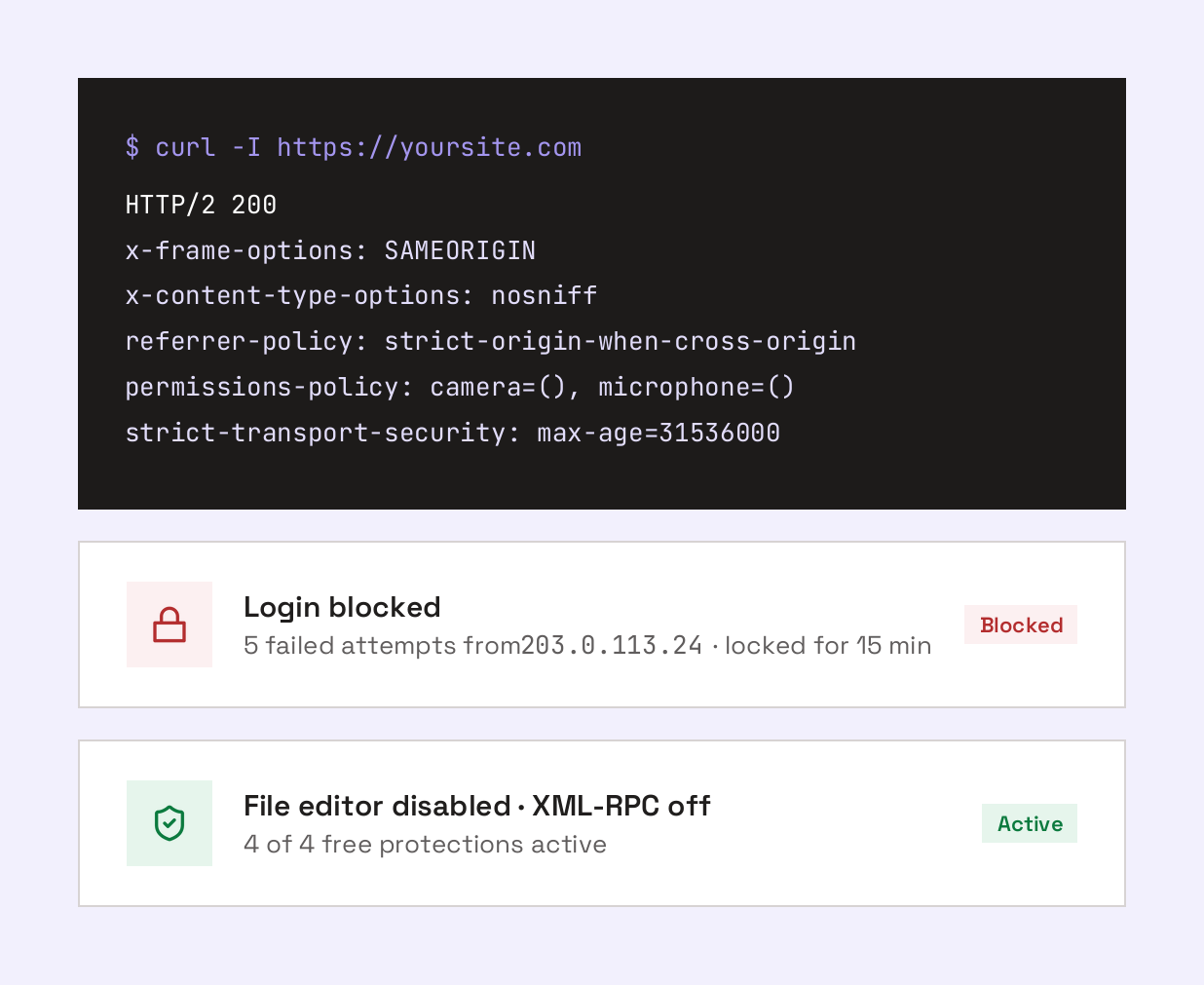 Security headers returned by curl, a blocked login attempt and active protections in Pure Security